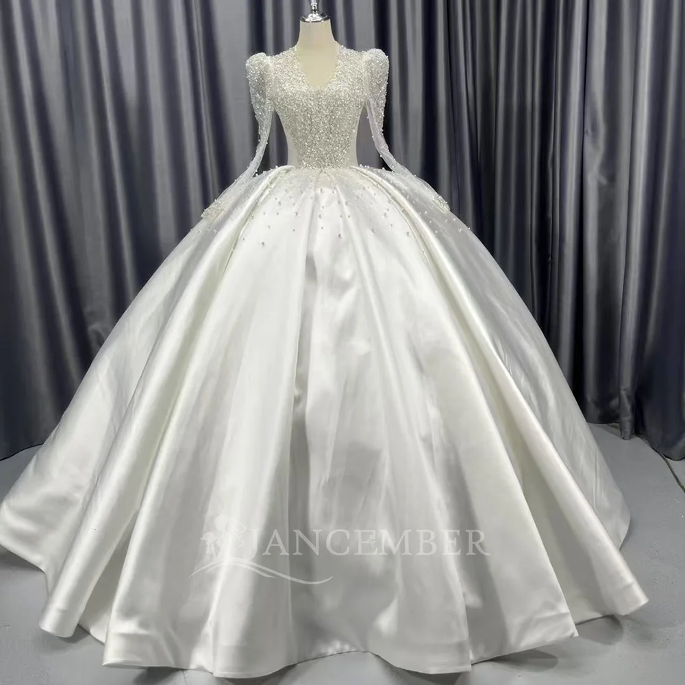 

Vintage Ball Gown Satin Wedding Dresses V-neck Long Sleeves Lace Customized Court Train Bridal Gowns Over Skirt Vestido de novia