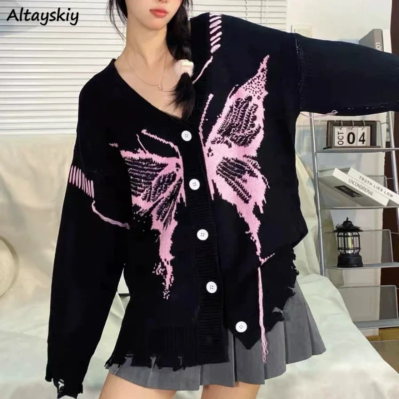 

Cardigan Women Autumn Vintage Butterfly Embroidery Couples Fashion All-match Harajuku Button-up Tender Jumpers Holes Ripped New