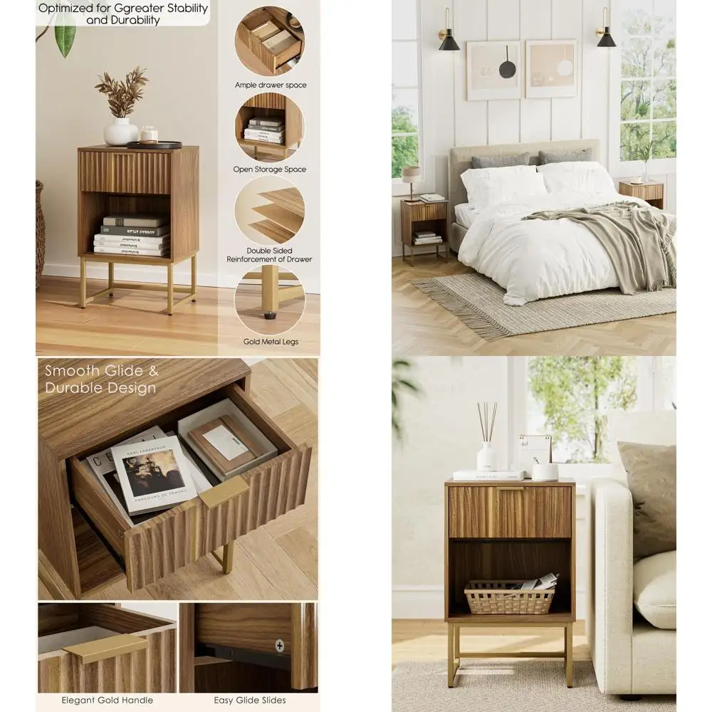 

Fluted Nightstand,Modern Night Stand Wood Bedside Table with Storage Drawer Side End Table for Bedroom,Living Room,Office,Walnut