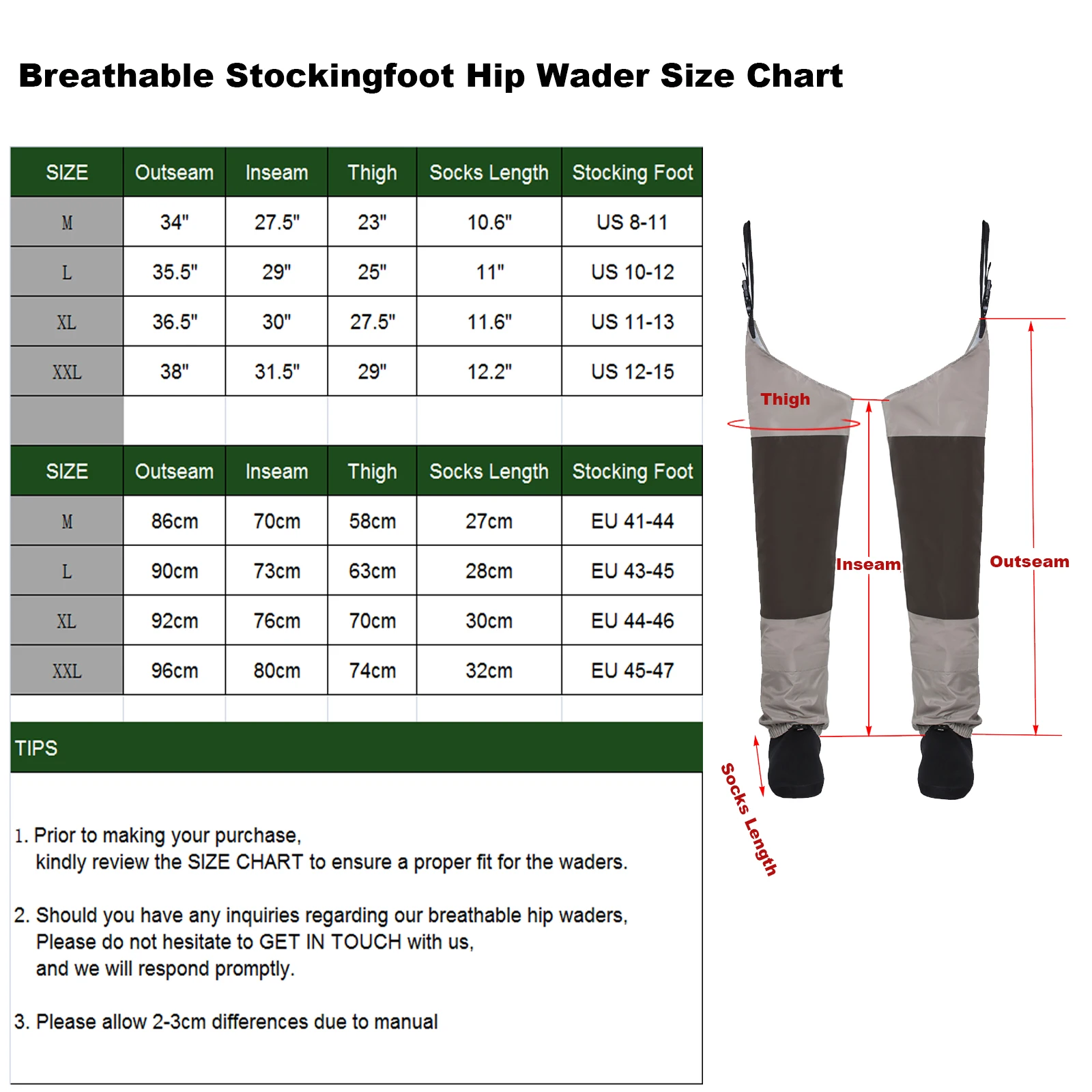 Breathable Stockingfoot Hip Wader Fishing  Thigh waders Hunting leg pants Waterproof trousers with Waist Belt