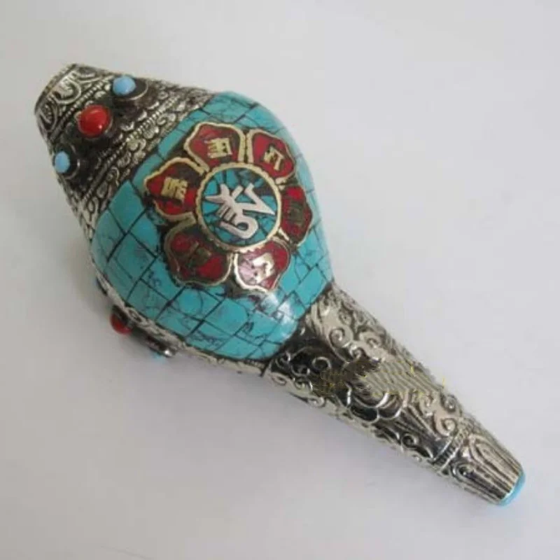 Old Xizang Tibetan Buddhism Supplies Handmade turquoise six word motto Conch statue decorations exquisite handicraft