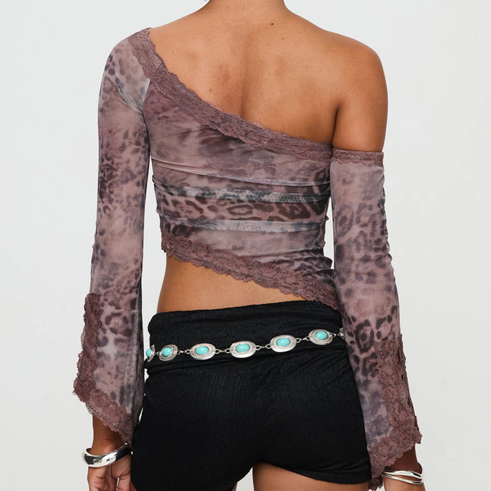 ผู้หญิงเสือดาวพิมพ์เสื้อฤดูใบไม้ผลิฤดูร้อนแขนยาว Slash คอหนึ่งไหล่เสื้อเด็กทารก Tees Y2k Pullovers Clubwear