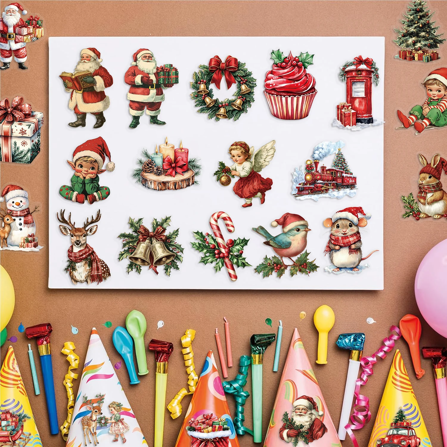 クリエイティブなクリスマスボトル用透明PET素材ステッカー50枚入り、装飾用ウォーターカップ、ノートDIY、防水、フェスティバルステッカー