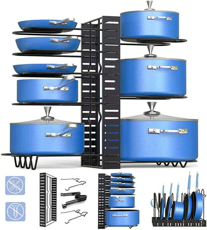 

Adjustable Pots Pans Organizer Rack Cabinet Kitchen Pan Holder Heavy Duty Pots Lid Rack Stainless Steel Cookware Storage Stand