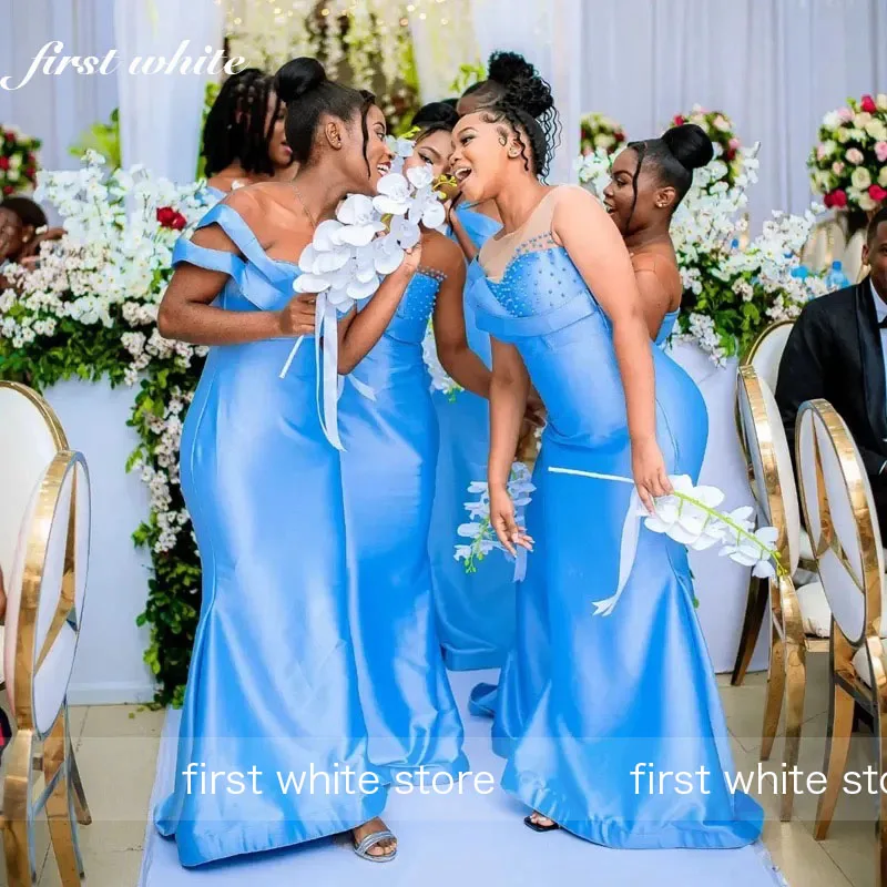 تخصيص حورية البحر فستان وصيفة الشرف بالإضافة إلى حجم الكرة فستان شير الرقبة تول اللؤلؤ مطرز طويل فستان الزفاف الضيوف #3