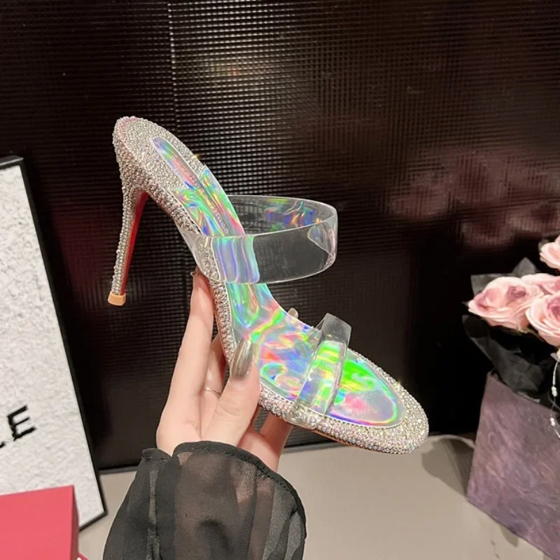 2024 New Summer Rhinestone Slippers Women's Thin Heels Fashion Transparent Crystal High Heels Slides