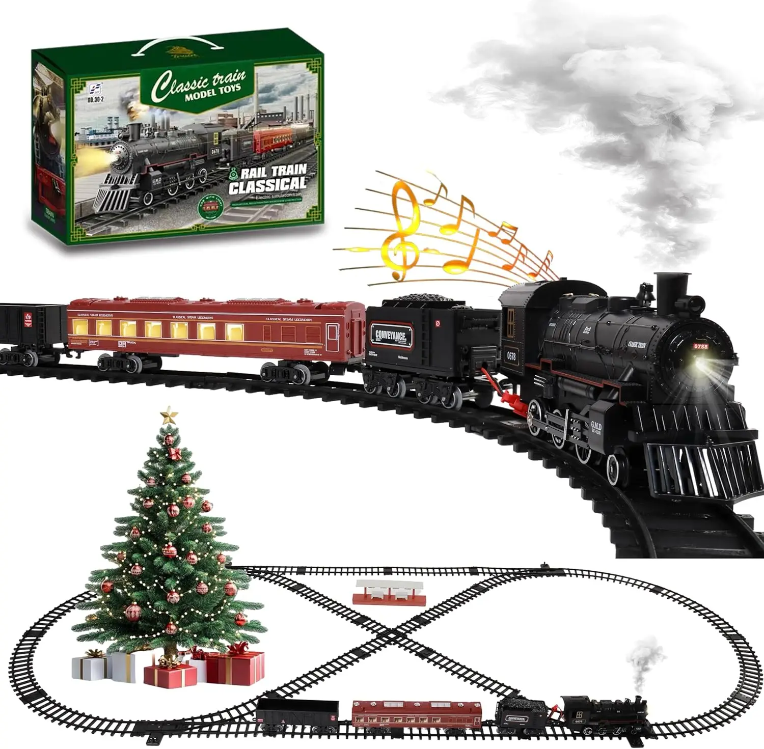 

Train Set Train Toys for Kids w/Smokes, Lights & Sound Electric Trains w/Steam Locomotive Train Carriages & Luxury Tracks Model