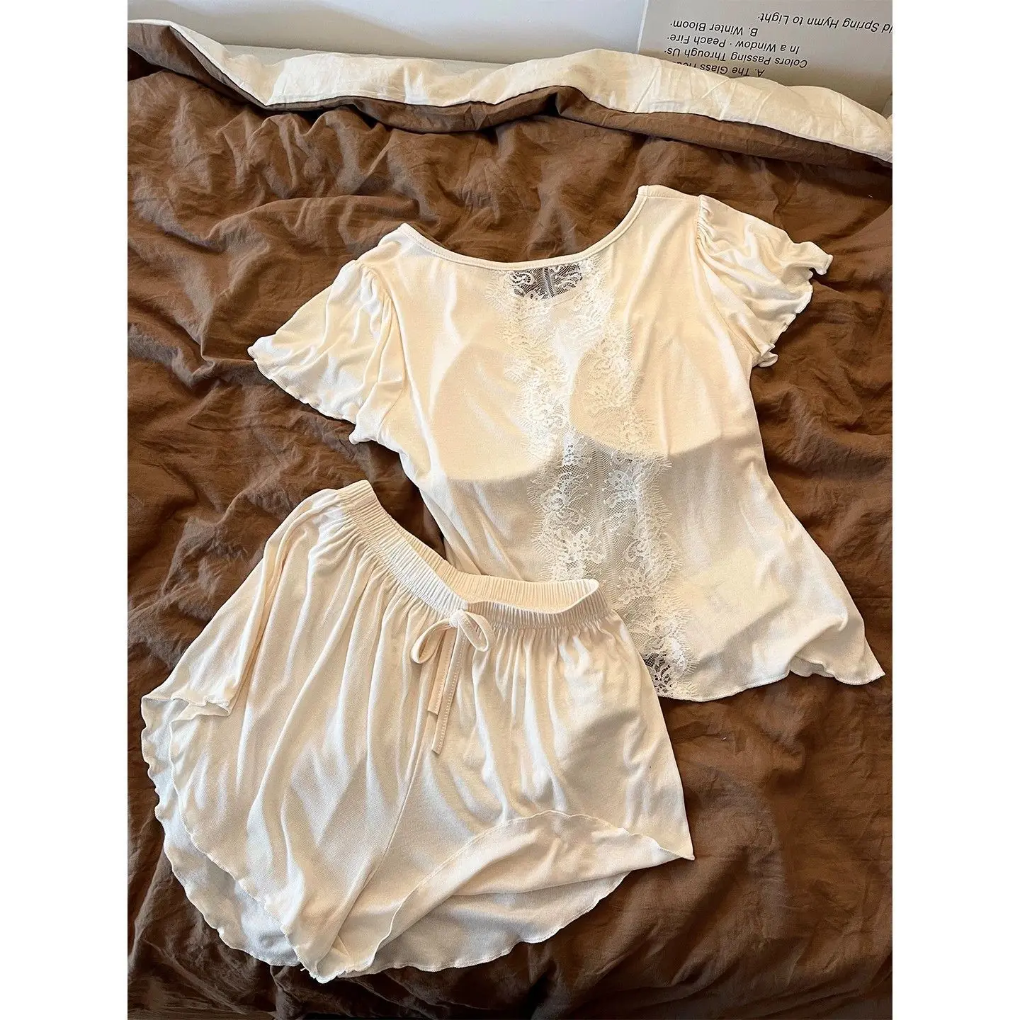 Sexy Modal Sleepwear Women's Short Sleeve Set with Chest Pad Can Be Worn outside Home Clothes V-neck Soft Breathable