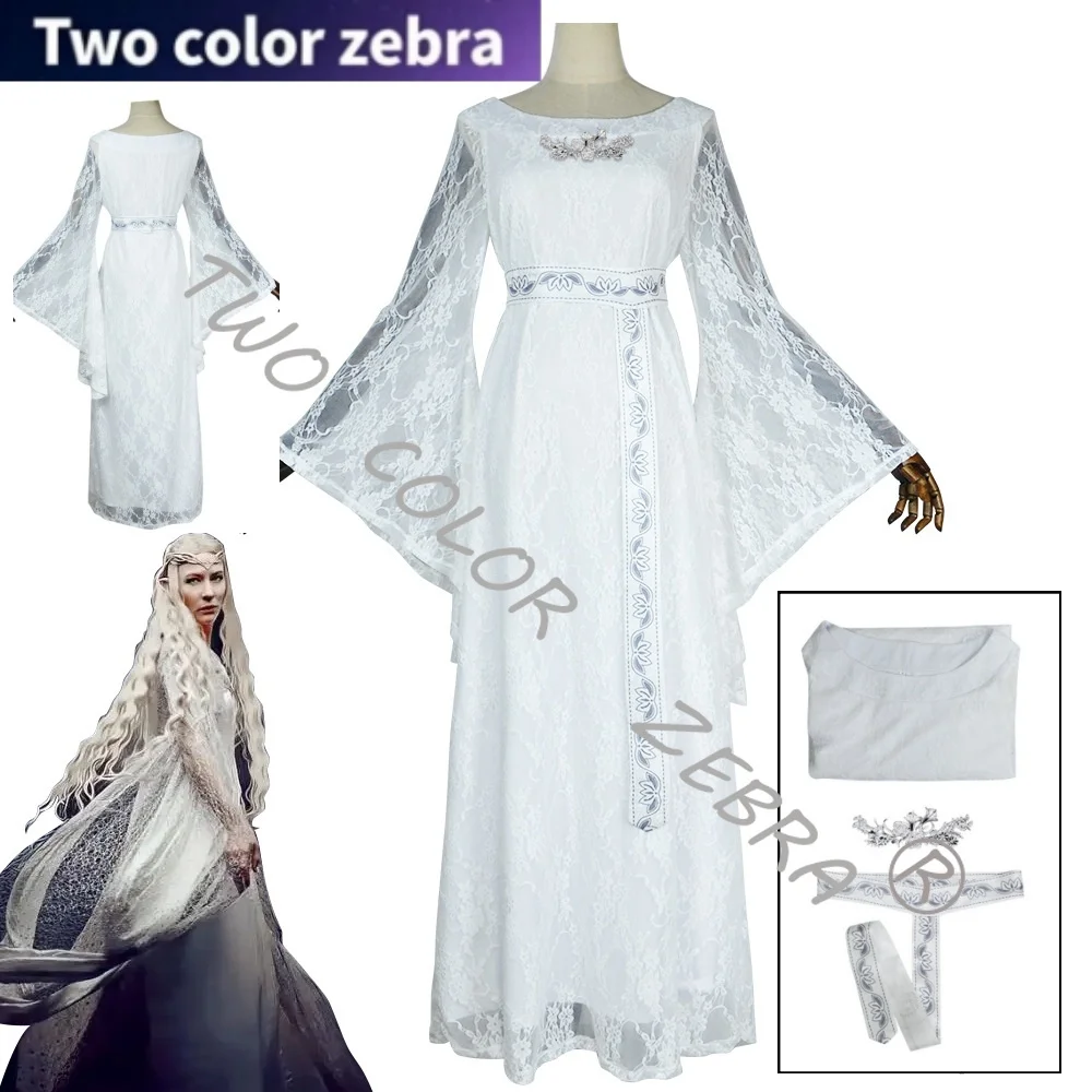 

Movie Galadriel Cosplay Costume Queen White Retro Middle Ages Lace Dress Outfits Full Set Masquerade Party Role Play Suits