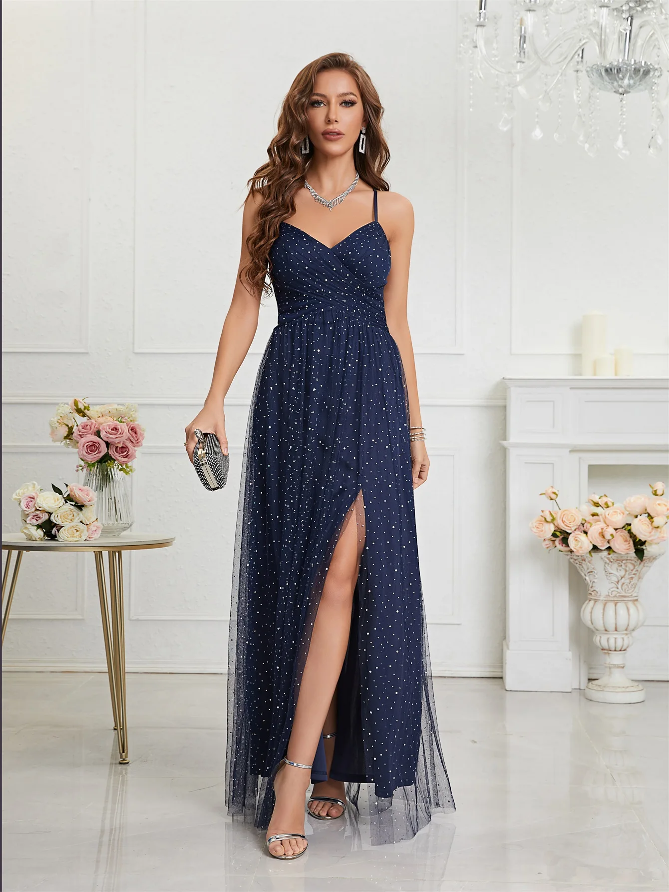 Unithorse-Robe Cami en Maille, Fendue, Col Licou, Cuisse Haute