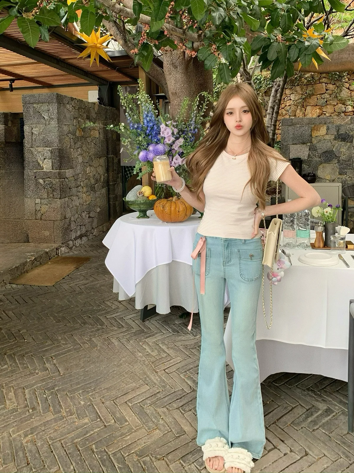 

Джинсы ChuChu для похудения, с высокой талией, из эластичного хлопка, ретро-стиль, с двойными карманами, цвет медный синий, расклешенные, женские