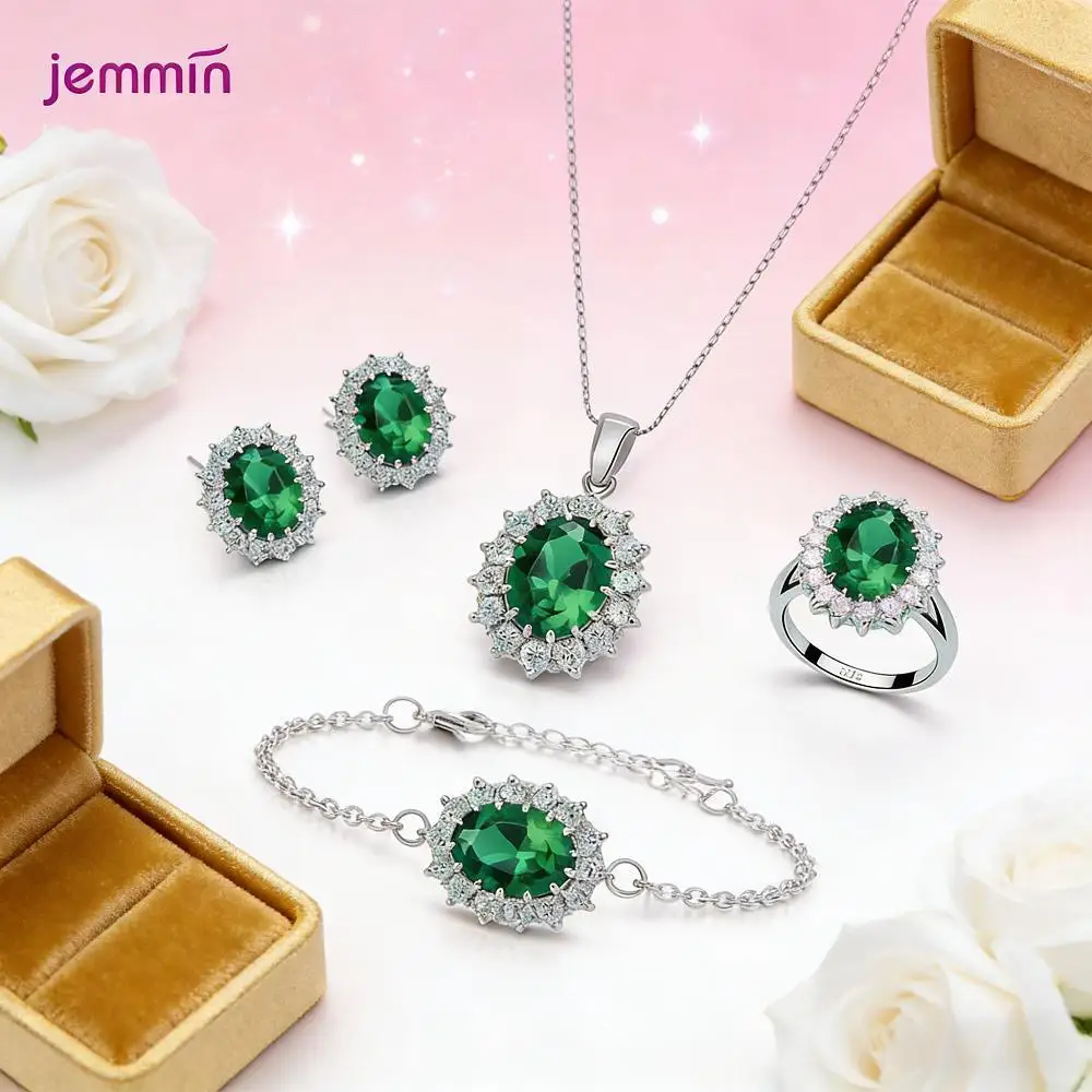 

925 Sterling Silver Oval Crystal Zircon Necklace Ring Earring Bracelet Bridal Jewelry Set For Women Wedding Party Luxurious Gift