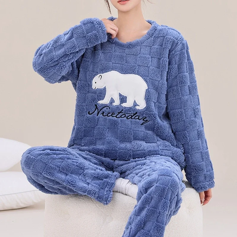 Winter Women Flannel Pajamas Polar Bear Print Teddy Sleepwear Velvet Loungewear Thick Warm Pijamas for Girls Mujer Pyjama