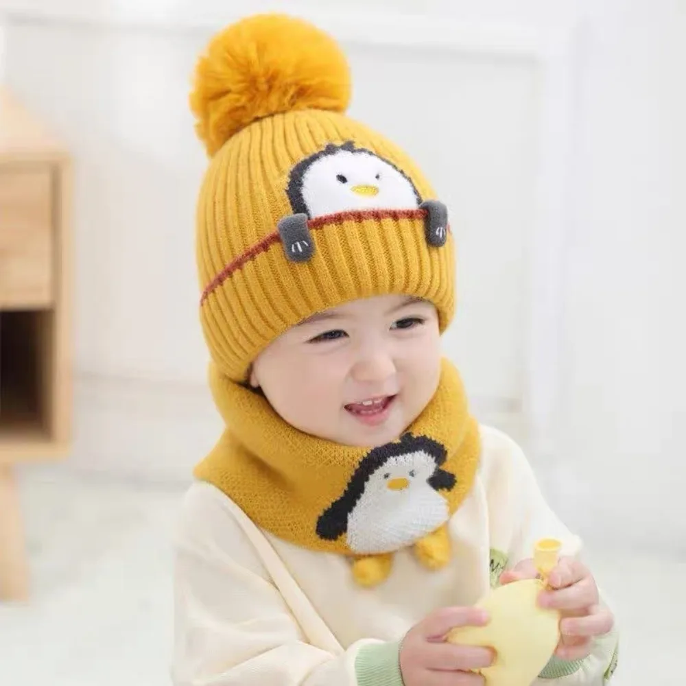 Cute Cartoon Penguin Kids Hat Scarf Set with Earflaps Keep Warm Kids Earmuffs Cap Thick Knitted Cap Winter