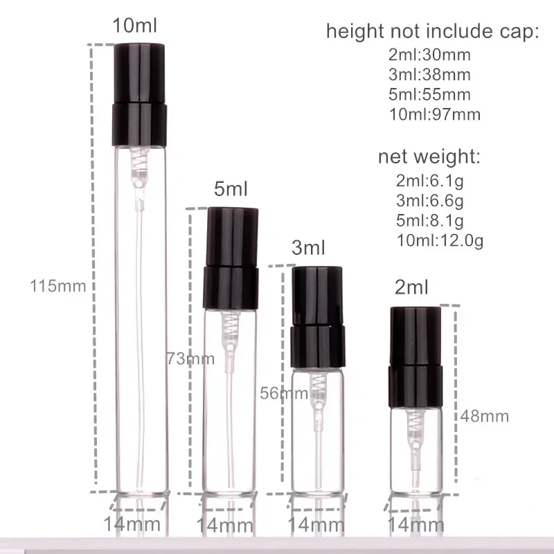 Botella de Perfume de vidrio con espray de Metal, botellas cosméticas vacías, atomizador, viales de vidrio rellenables, 50/100 piezas, 2ml, 3ml, 5ml, 10ml