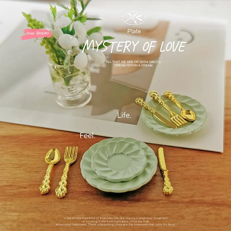 1/12 مقياس دمية مصغرة كعكة طبق مع سكين شوكة قاعدة الملاعق-DIY بها بنفسك الديكور بيت الدمية اكسسوارات لنماذج مقياس 1/12