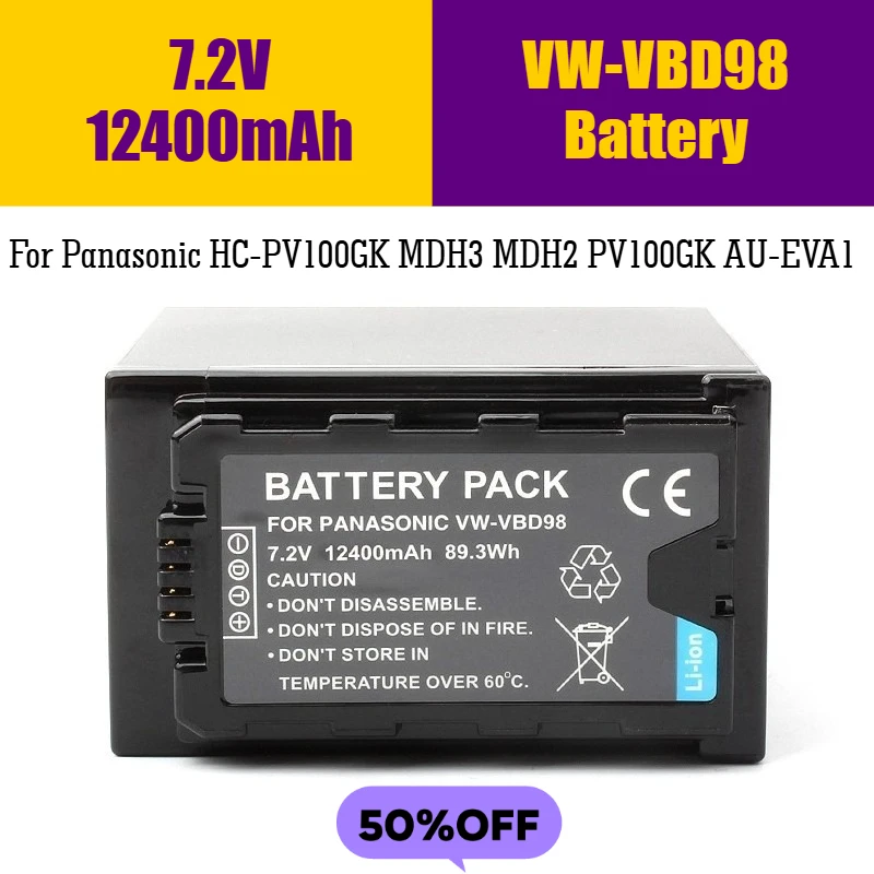 

Аккумулятор VW-VBD98 7,2 В, 12400 мАч, для Panasonic HC-PV100GK MDH3 MDH2 PV100GK AU-EVA1