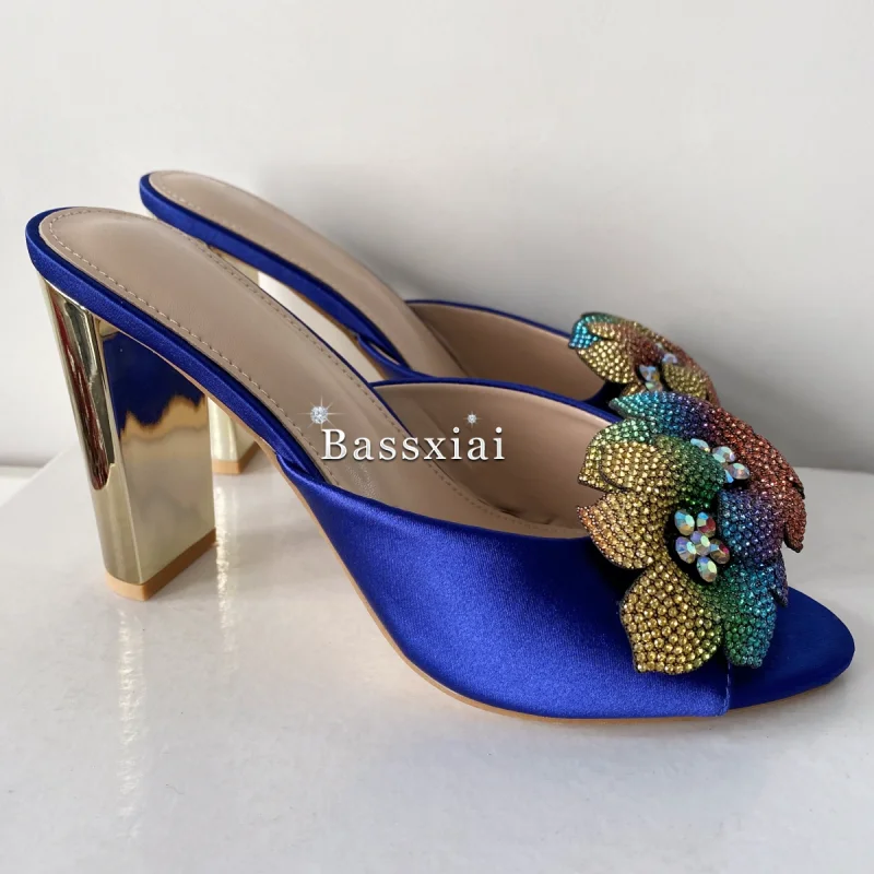 Colorful Rhinestone Flower Decor Women Sandals Women Unique Gold Strange Heel Blue Silk Slingbacks Summer Mules image 2