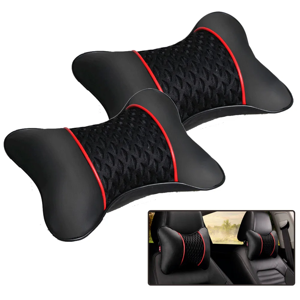 

2Pcs Black Red Pu Leather Car Seat Head Neck Rest Cushion Pad 3D Headrest Pillow