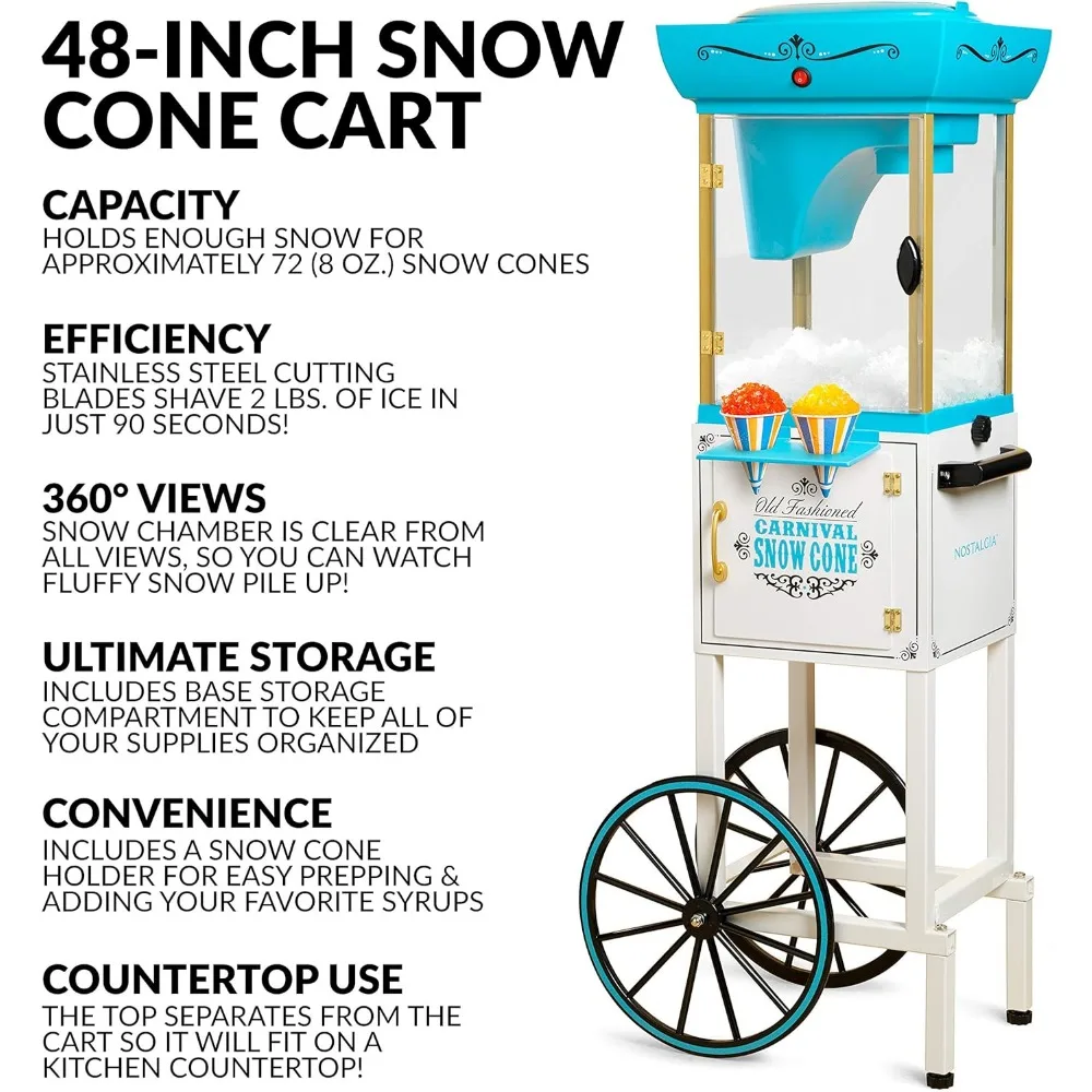 Snow Cone Shaved Ice Machine - Retro Cart Slushie Machine Makes 48 Icy Treats - Includes Metal Scoop