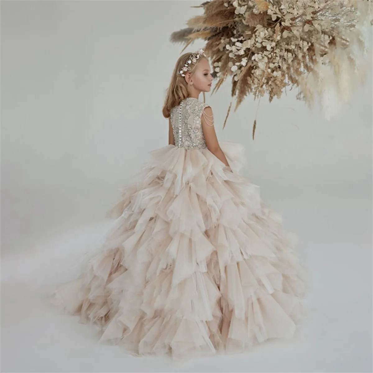 Flower Girl Dress Champagne Ball Gown Puffy For Wedding Tulle Appliques Beading Party Pageant First Communion Gown Gift