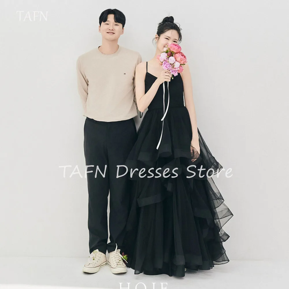 

TAFN Fairy V Neck Black Tulle Korea Wedding Dresss Photo Shoot A line Long Tiered Bridal Gown Corset Back 웨딩드레스 Custom Made 2025