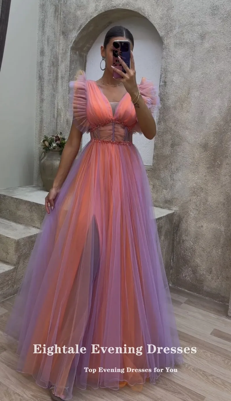 Eightale Peach Evening Dress for Wedding Party Tulle A-Line Arabic V-Neck Mixed A-Line Floor Length Formal Prom Gowns Vestido