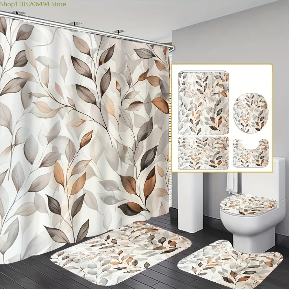 

1/4 шт. современный минималистичный комплект занавесок для душа с принтом серого листа, комплект декора для ванной комнаты в комплект входит в комплект: высококачественный вкладыш с нескользящим ковриком
