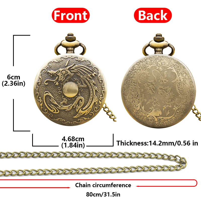 Vintage Bronze Steampunk Dragon And Dragon Beads Carved Quartz Pocket Watch Necklace Pendant Clock Chain Men Women Chain Gift