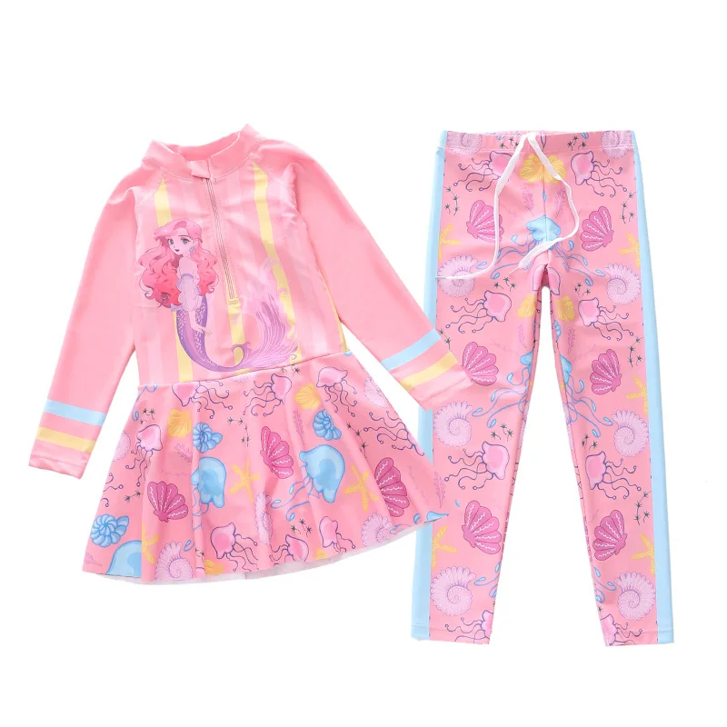 

HappyFlute Two-pieces Set Zipper Design Girl Long Sleeve Conservative&Sunscreen Children Travel Swimsuit