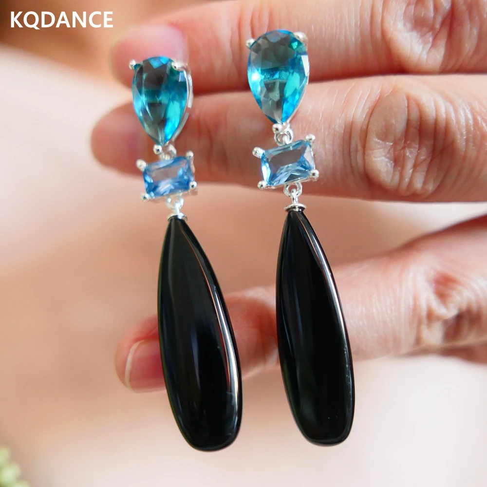 

KQDANCE Russia Trendy Women Blue Red Black Turquoise Crystal Long Tear Drop Earrings 925 Silver Needle Natural Gem Stone Jewelry