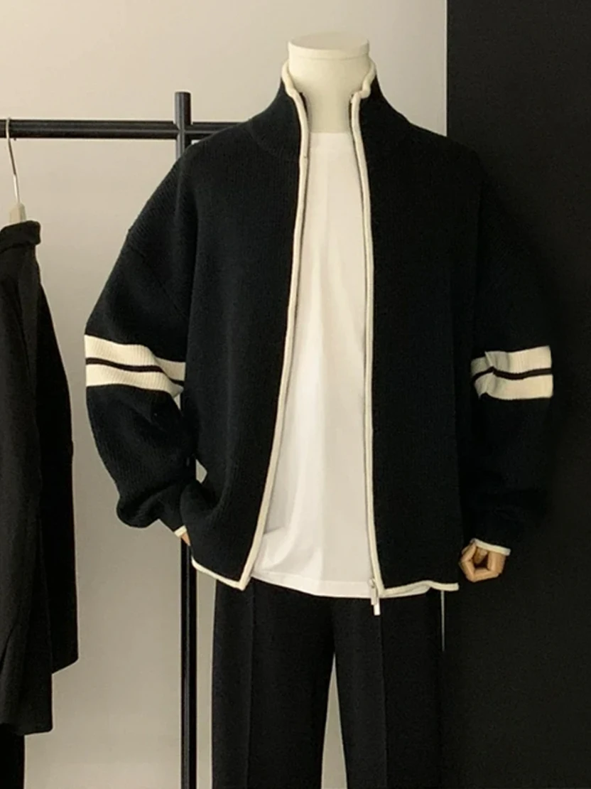 

Laid-ba Color Blo, полосатый воротник-стойка, вязаный кардиган, мужской осенне-зимний новый шерстяной кардиган высокого класса на молнии...