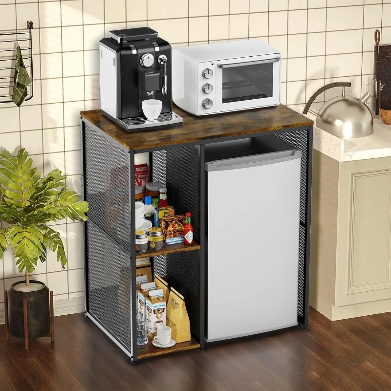 3-Tier Mini Fridge Cabinet with Storage, Industrial Style Kitchen Microwave Stand Baker Rack, Utility Storage Shelf