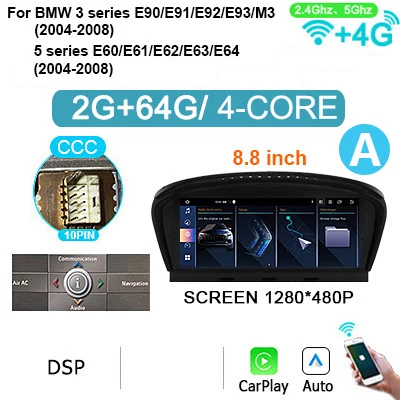 Draadloze Carplay Android 15 Auto 8.8" Scherm Autoradio Stereo voor BMW 5 Serie E60 E61 E63 E64 3 Serie E90 E91 E92 M3 2004-2012