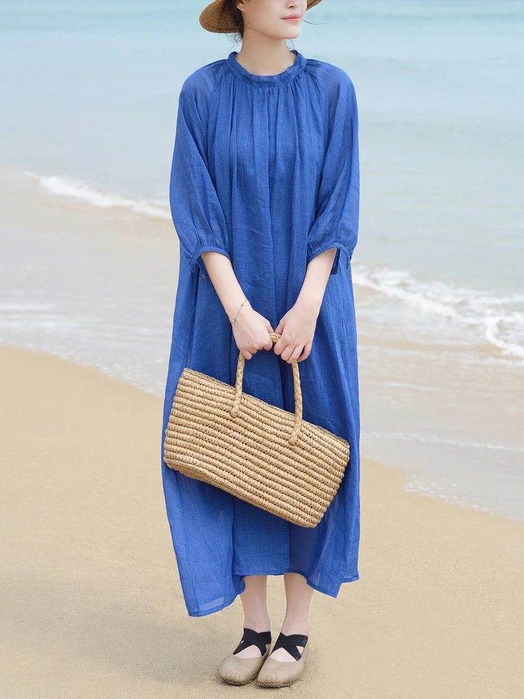 Blue Flax Loose Summer Dr Women's Gown Retro Artistic Tea Clothing Wide Hemline Long Dr Casual Vaion Sle A-Line