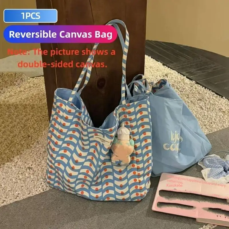Korean Reversible Canvas Tote Bag Large Capacity Casual Women's Handbag Shoulder Bags Commuting Bag Students Girl Shopping Bag image 2