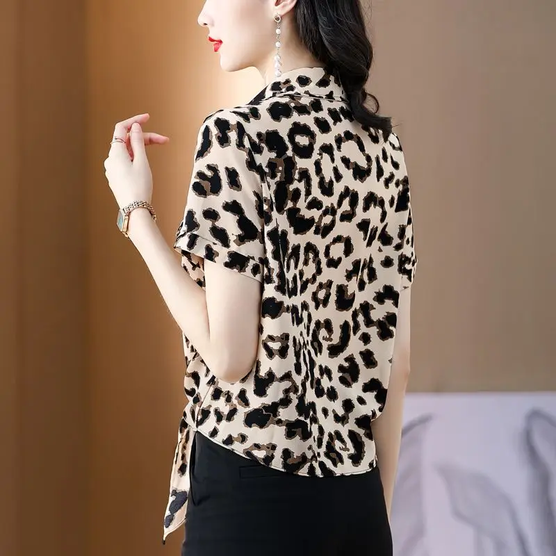 office lady Stylish Leopard Printed Blouse Female clothing Casual Single-breasted Elegant Bandage Bow Summer new Polo-Neck Shirt