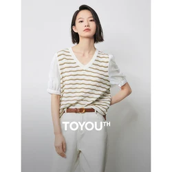 TOYOUTH Women Cool Striped V-Neck Sweater 2024 Summer New Short Sleeved Top