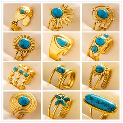 1pcs Blue Stone Ethnic Vintage Open Adjustable Sun Heart Star Stainless Steel Rings For Women Men Accessories Jewelry Bague Gift
