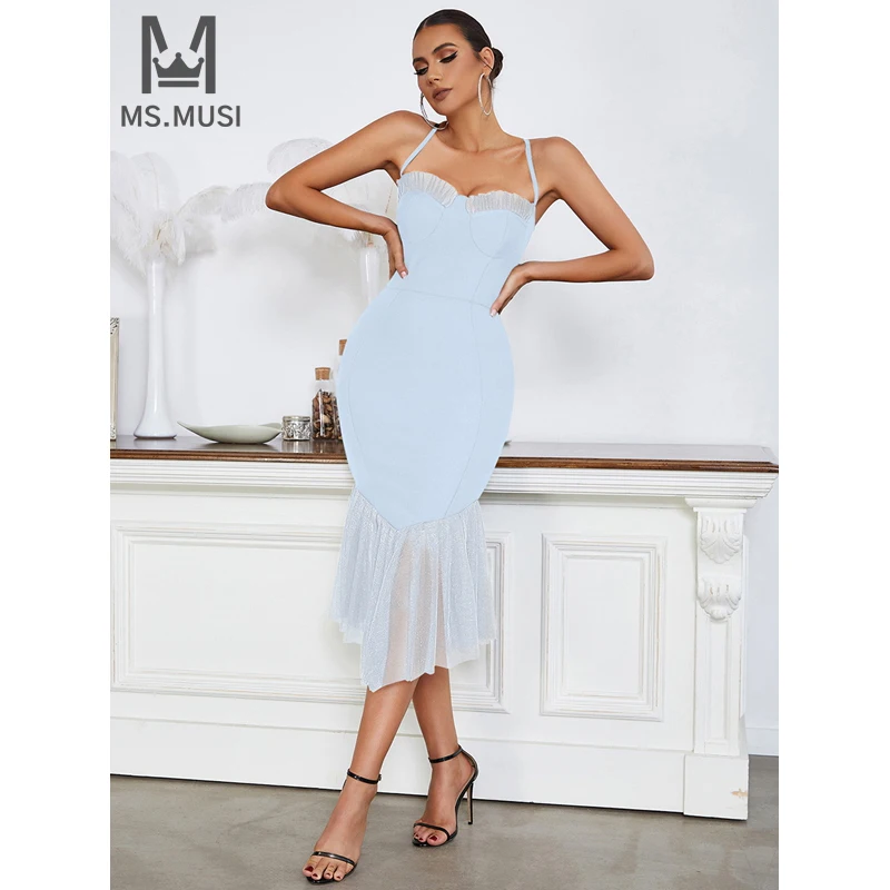 

MSMUSI 2024 New Fashion Women Sexy Strap Lace Mesh Falbala Ruffles Draped Fold Sleeveless Bodycon Party Club Event Midi Dress