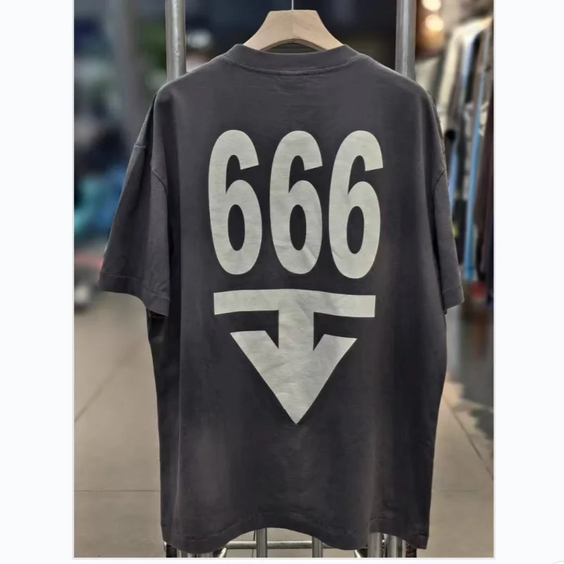 26FW Spring Summer Vintage Washed Black T-Shirt Saint Street Pattern Print Cotton Oversized Top Men Women Best Quality Tee