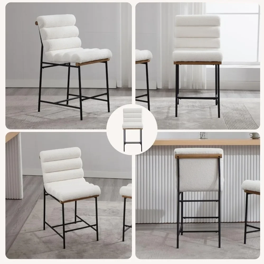 مجموعة مقاعد بار منجدة حديثة مكونة من كراسي بارتفاع عداد مقاس 25 بوصة مع أرجل معدنية سوداء من قماش شيربا ومقاعد جزيرة المطبخ #6