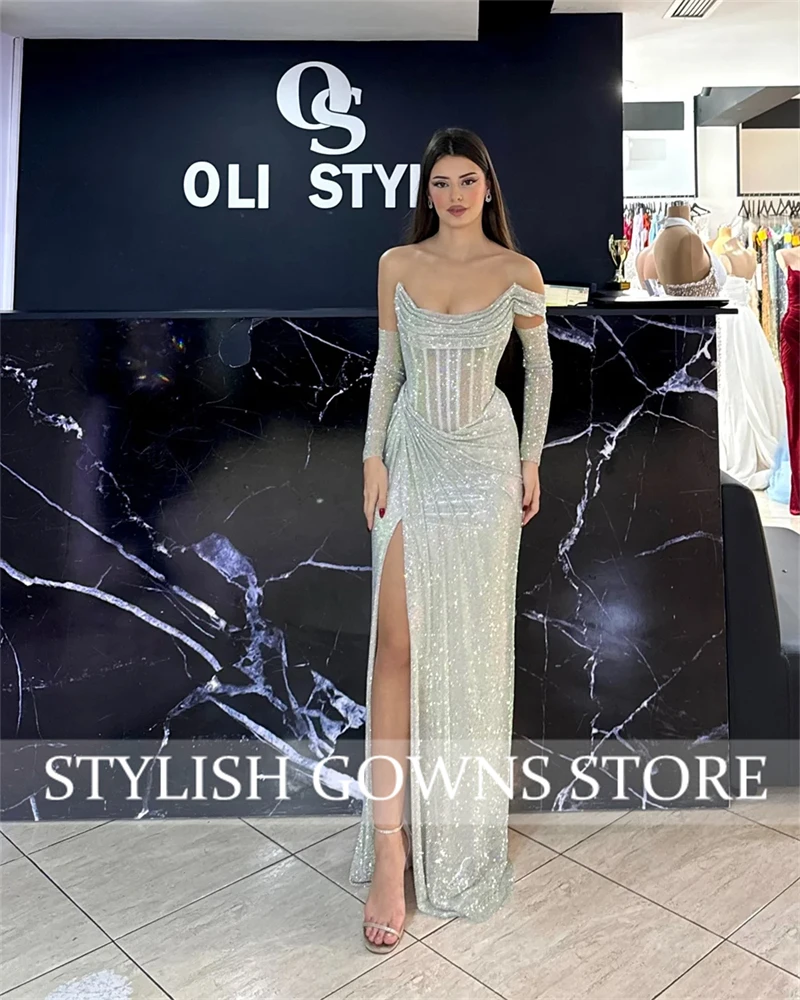 Dubai Silbergraue Pailletten-Abendkleider mit schulterfreien Perlen und langen Ärmeln, maßgeschneidert, EA Gonz Como Trading Side High Split Robes de Soirée