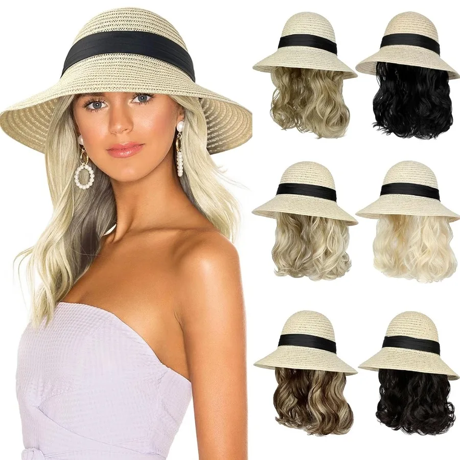 Sonnenhut mit Haarverlängerungen für Damen, Sommer: faltbarer Strandhut aus Stroh mit breiter Krempe und befestigtem 9-Wellen-Synthetik-Haarteil UPF
