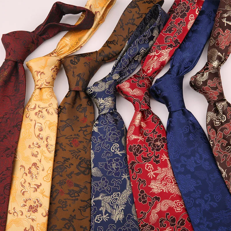 9cm Vintage Men's Formal Neckties for Party Ethnic Style Chinese Style Red Neck Ties Casual Flower Printed Gravatas Tie