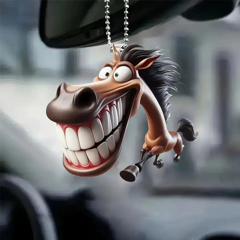 

1/2pcs 2D Acrylic Big Mouth Horse Car Pendant Cartoon Pattern Auto Rearview Mirror Hanging Decor Funny Keychain Holiday Gift