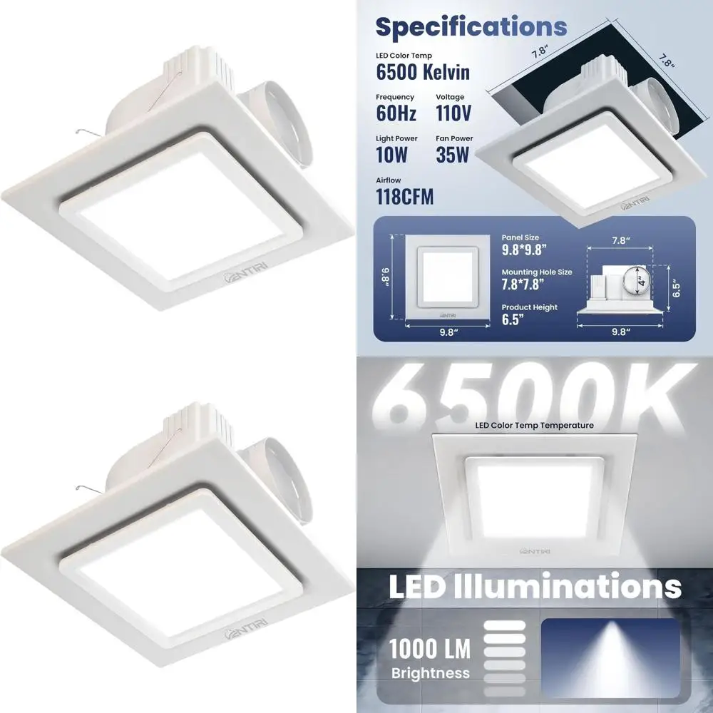 

10x10 Inch Quiet LED Square Vent Fan for Bathroom, Office, or Home (4 Inch Air Outlet)
