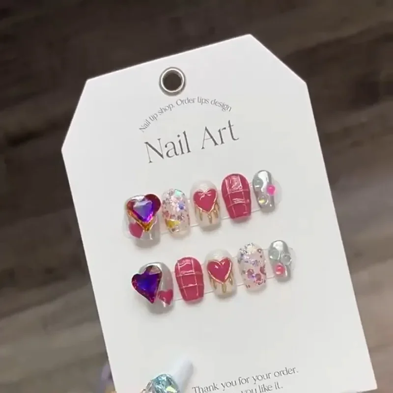 Sweetheart Pink Sequin Short Y2k Press on Acyrlic Nails Handmade with Charms Square Cheap Cute False Nails with Box and Tools