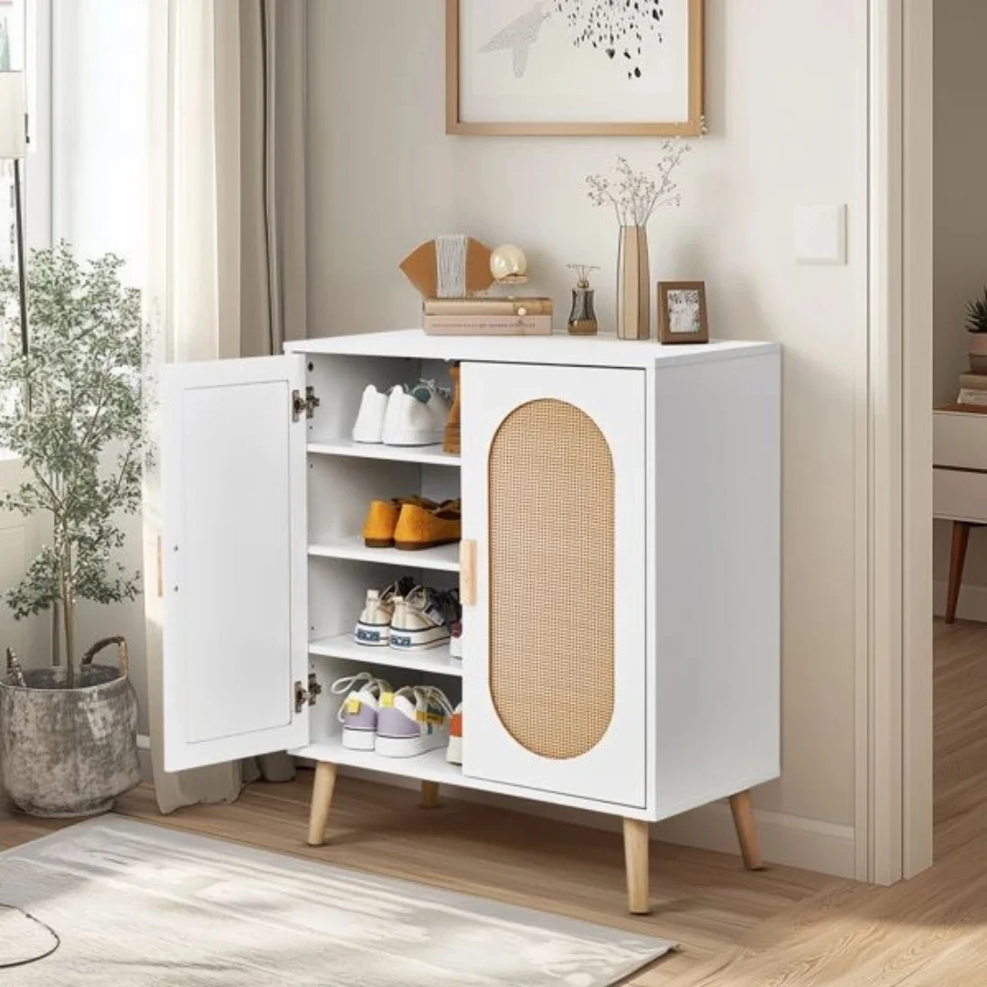 

2-door vertical shoe cabinet particle board + plastic rattan white frame + original wood rattan surface + gold high feet