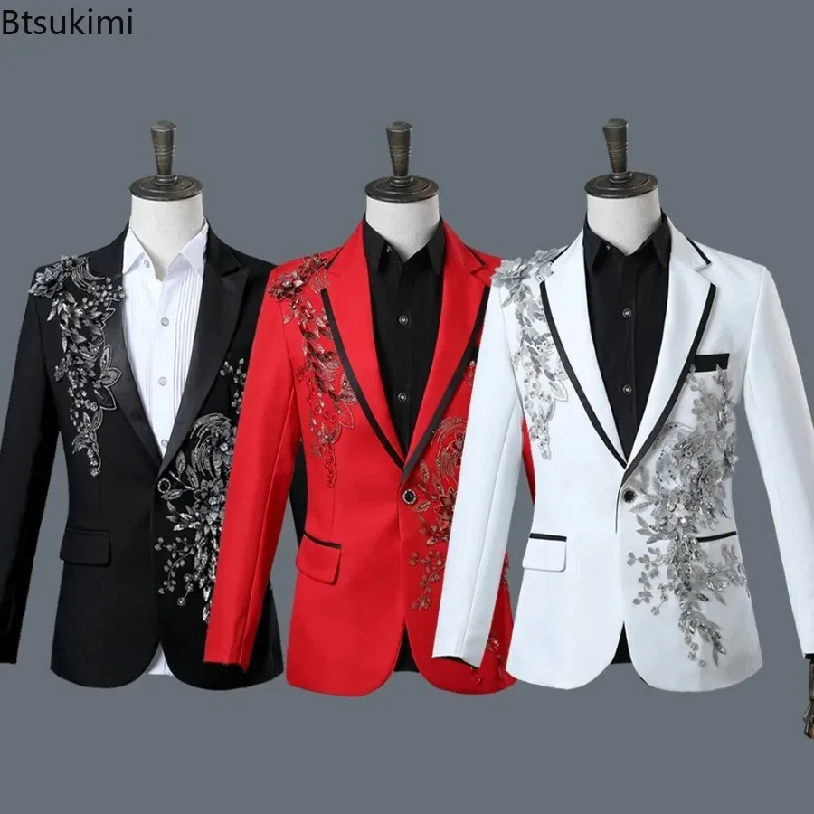 

Luxury Beaded Appliqued Men's Elegant Suit Sets Host Stage Singer Perfrom Costumes Formal Tuxedo Blazer Pants Men Two Piece Sets